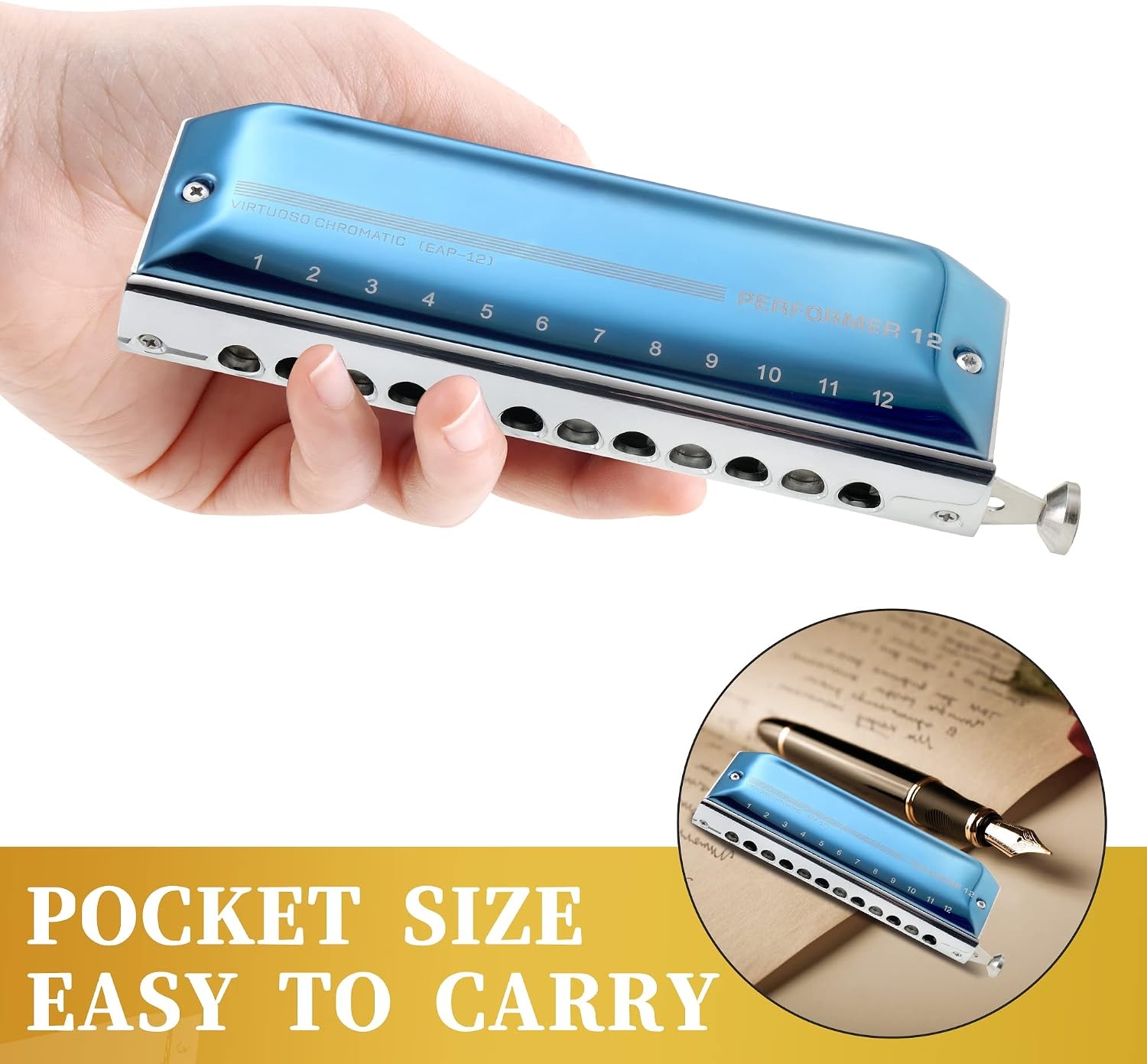 image:imageEast top Chromatic Harmonica 12Hole 48Tone Key of C ABS Comb Phosphor Bronze Reed Blue Cover EAP12blue12